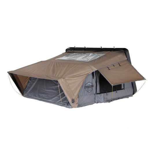 Overland Vehicle Systems Bushveld 4 Hard Shell Clam Shell Roof Top Tent with Aluminum Base Dark Grey Body and Green Rainfly